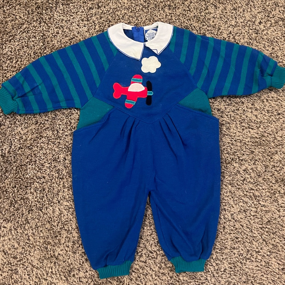 Vintage 90s Blue & Teal Baby Airplane Sweater Romper